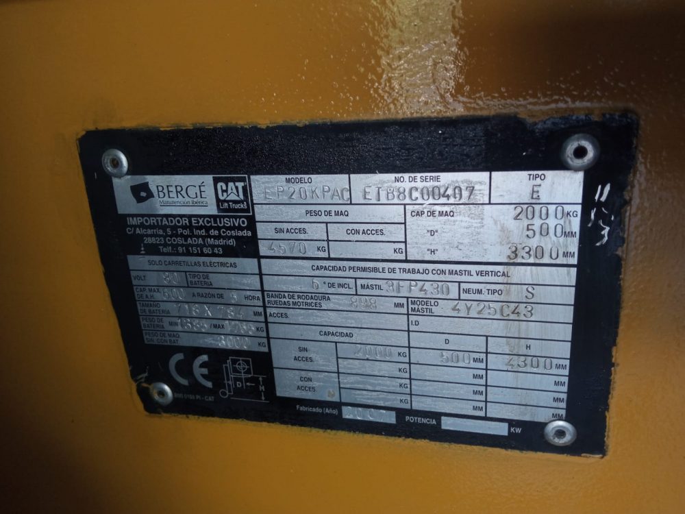 CARRETILLA ELVADORA ELÉCTRICA-MATRICULADA CAT 20 - OCASIÓN - PRECIO: 15.700 € - Imagen 10